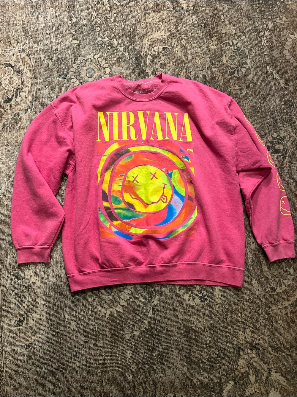 Nirvana Bright Pink Psych Smiley Face Crewneck Sweatshirt S/M